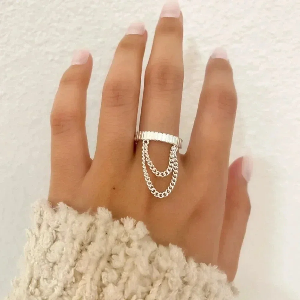 925 Sterling Silver Dangle Chain Drop Ring Minimalist Dainty Ring